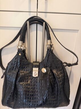 Brahmin Elisa Black Melbourne Croc Embossed Leather Satchel Shoulder Bag